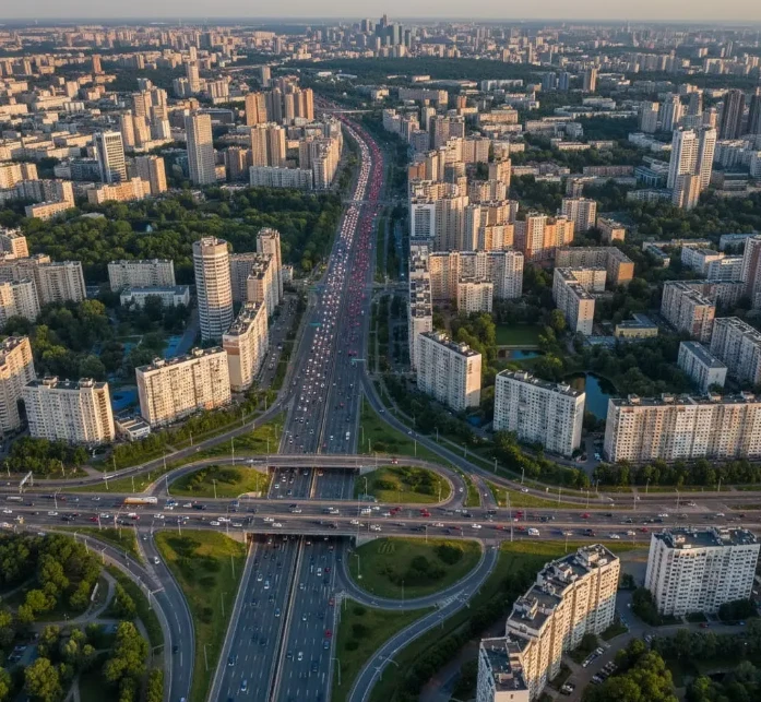 Плотный поток машин на на дорогах Москвы